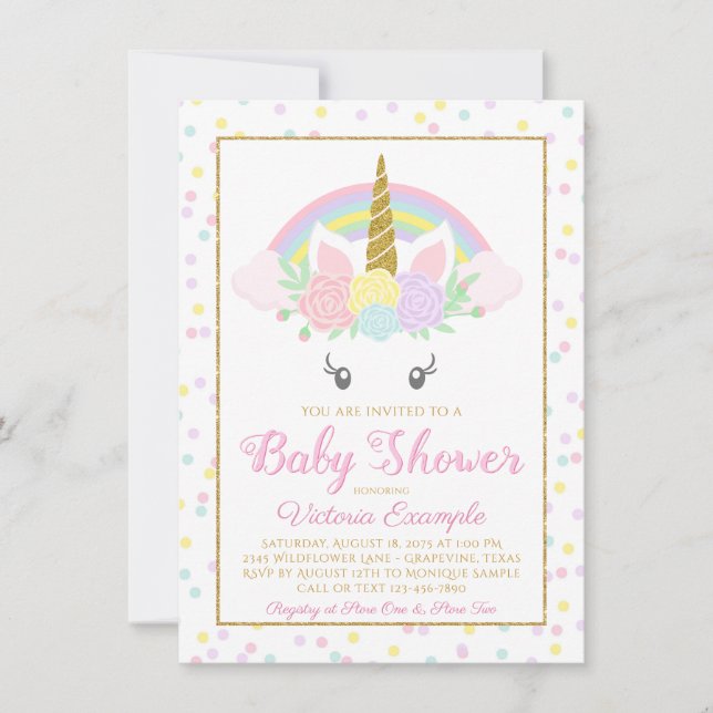 Sweet Unicorn Rainbow Baby Dusche Einladung (Vorderseite)