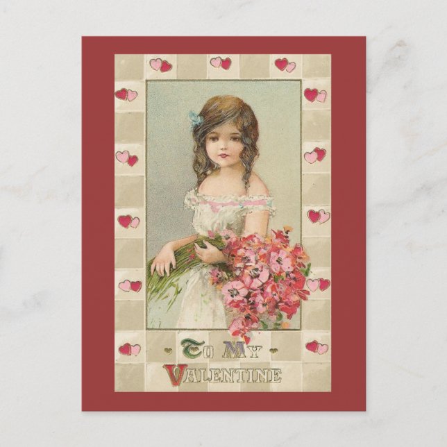 Sweet Valentine Girls mit Blumenstrauß Feiertagspostkarte (Vorderseite)