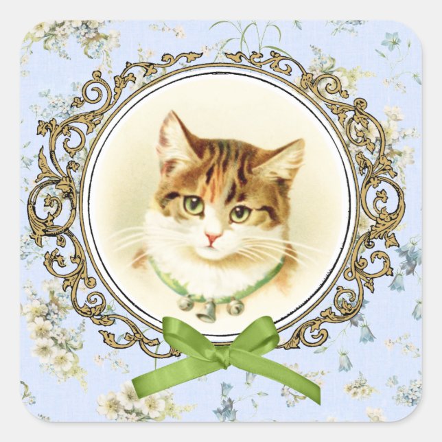 Sweet Vintag Katzenportrait Quadratischer Aufkleber (Vorderseite)