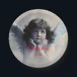 Sweet Vintage Christmas Angel Pappteller<br><div class="desc">Schönes Vintages Design eines süßen Weihnachtsengels mit weichen weißen Flügeln und rosigen Wangen, die ihr Gesicht in den Händen halten. Schaut sanft und freundlich aus. Der Hintergrund ist mit weichen ätherischen Wolken gefüllt. Text sagt Weihnachten 2014 und Sie können anpassen / personalisieren / löschen Sie den Text, wie Sie möchten....</div>