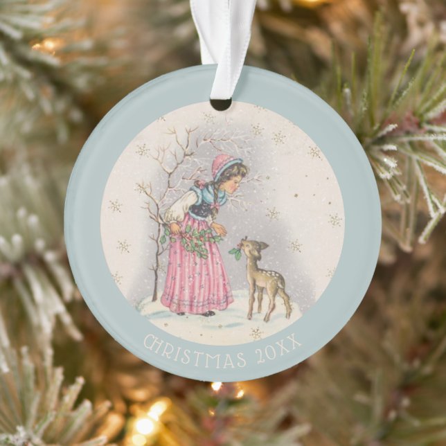 Sweet Vintage Christmas Scene Girl Fawn Ornament (Baum)