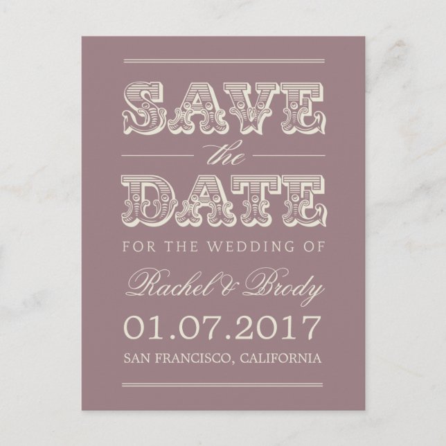 Sweet Vintage Wedding Save the Date - Pflaume Ankündigungspostkarte (Vorderseite)