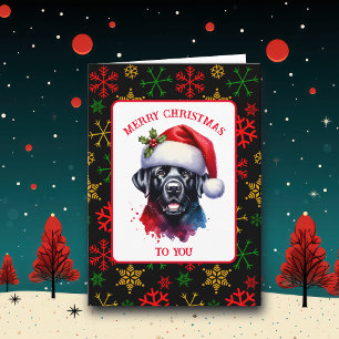 Sweet Watercolor Black Lab in Weihnachtsmannmütze Karte