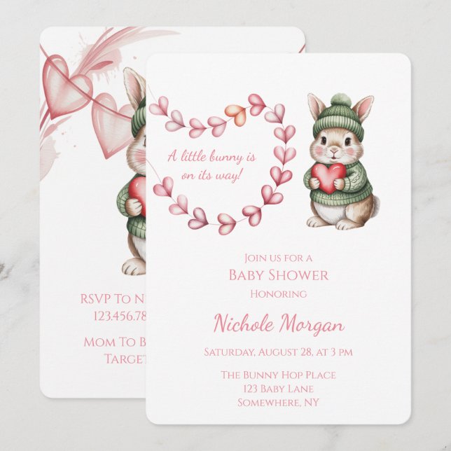 Sweet Watercolor Bunny Baby Shower  Einladung (Vorne/Hinten)