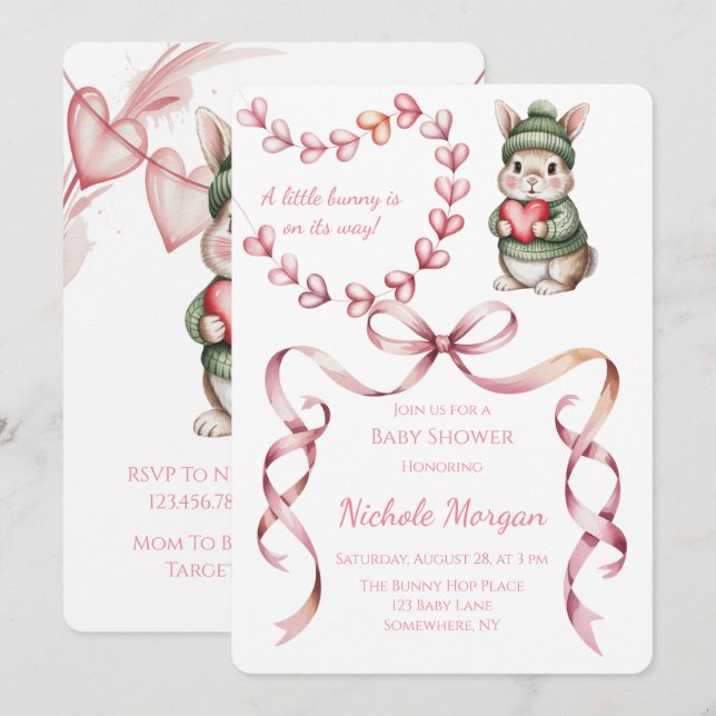 Sweet Watercolor Bunny Baby Shower  Einladung (Vorne/Hinten)