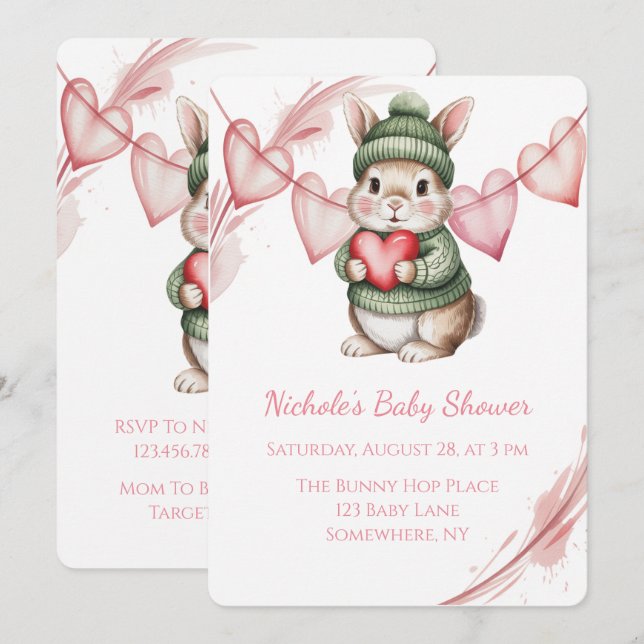 Sweet Watercolor Bunny Baby Shower  Einladung (Vorne/Hinten)
