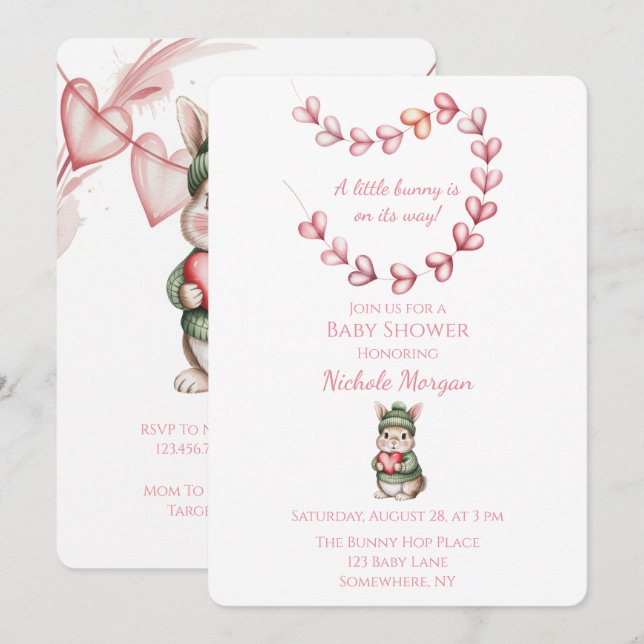 Sweet Watercolor Bunny Baby Shower  Einladung (Vorne/Hinten)