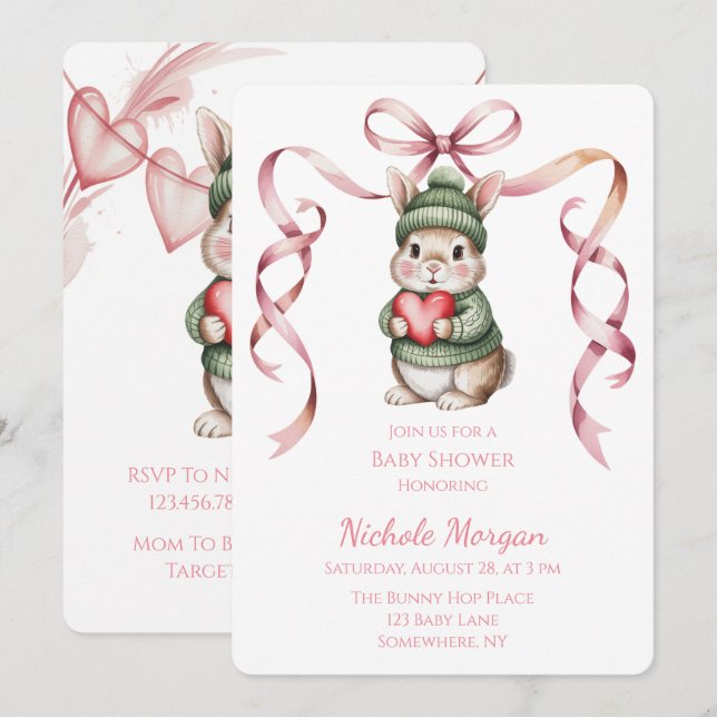 Sweet Watercolor Bunny Baby Shower  Einladung (Vorne/Hinten)