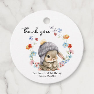 Sweet Watercolor Bunny Floral First Birthday Geschenkanhänger