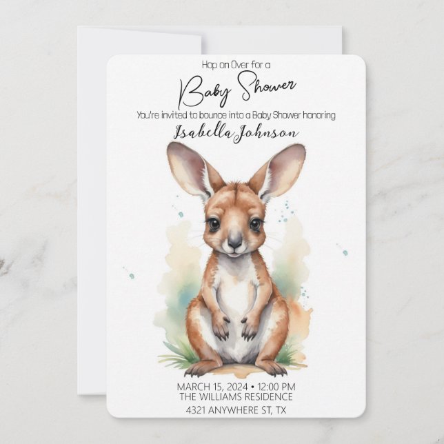 Sweet Watercolor Kangaroo Kinderdusche Einladung (Vorderseite)