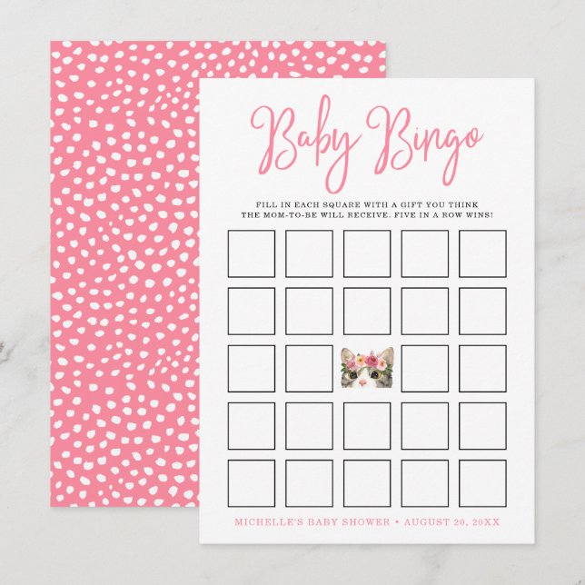 Sweet Watercolor Kitty Baby Shower Bingo Card (Vorne/Hinten)