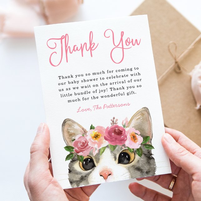 Sweet Watercolor Kitty Girl Babydusche Dankeskarte (Von Creator hochgeladen)