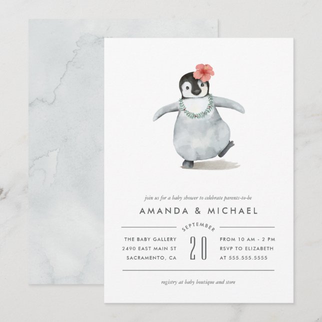Sweet Watercolor Pinguin Babydusche Einladung (Vorne/Hinten)