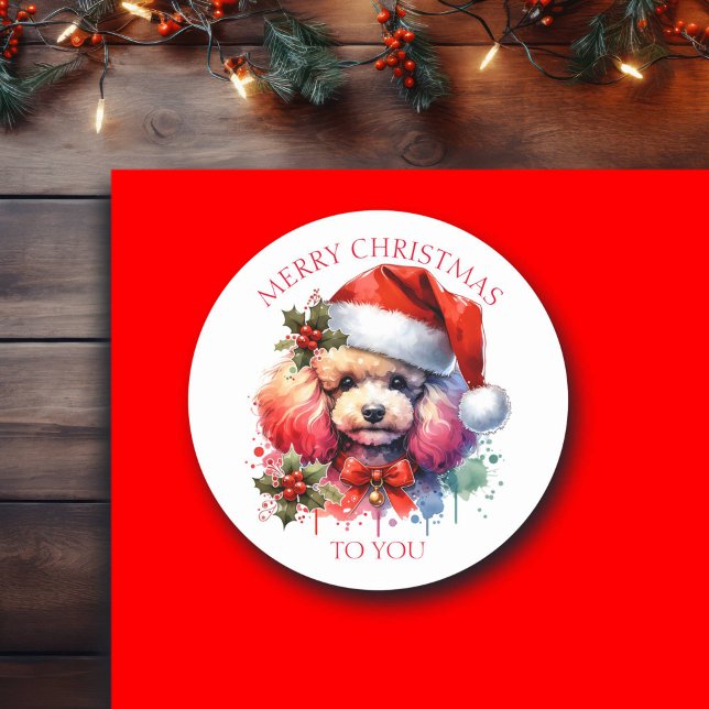 Sweet Watercolor Poodle und Weihnachtsgrüße Runder Aufkleber (Von Creator hochgeladen)