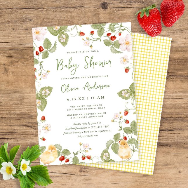 Sweet Watercolor Strawberry Chicks Baby Shower Einladung (Von Creator hochgeladen)
