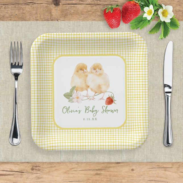 Sweet Watercolor Strawberry Chicks Baby Shower Pappteller (Von Creator hochgeladen)