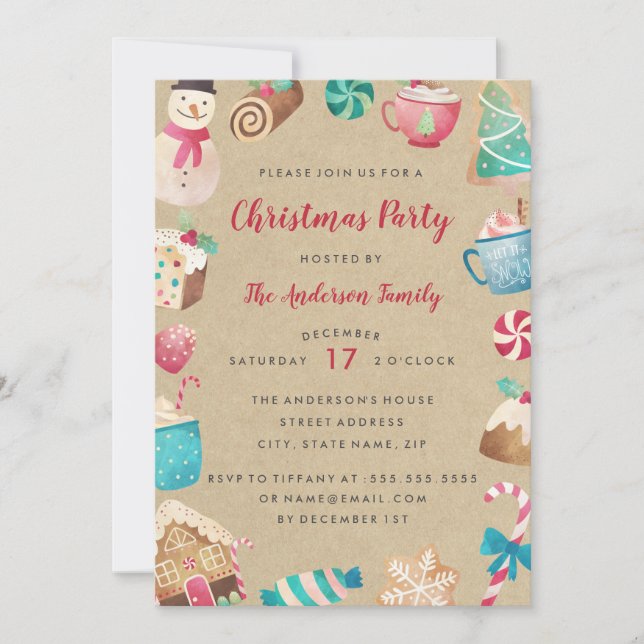 Sweet Watercolor Weihnachten Party Einladung (Vorderseite)