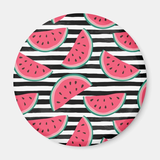 Sweet Watermelon on Stripes Black & White Muster Magnet (Vorne)