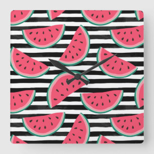 Sweet Watermelon on Stripes Black & White Muster Quadratische Wanduhr