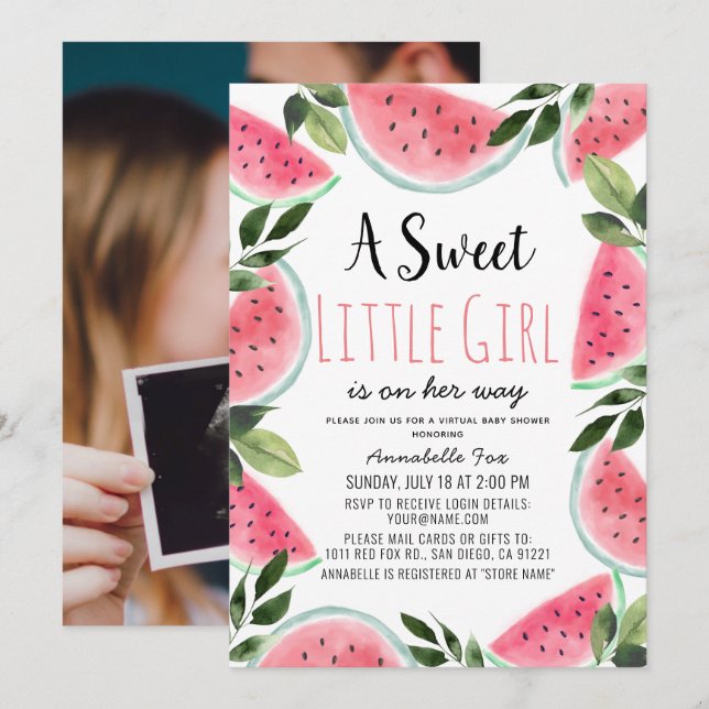 Sweet Watermelon Virtual Baby Shower Foto Einladung (Vorne/Hinten)