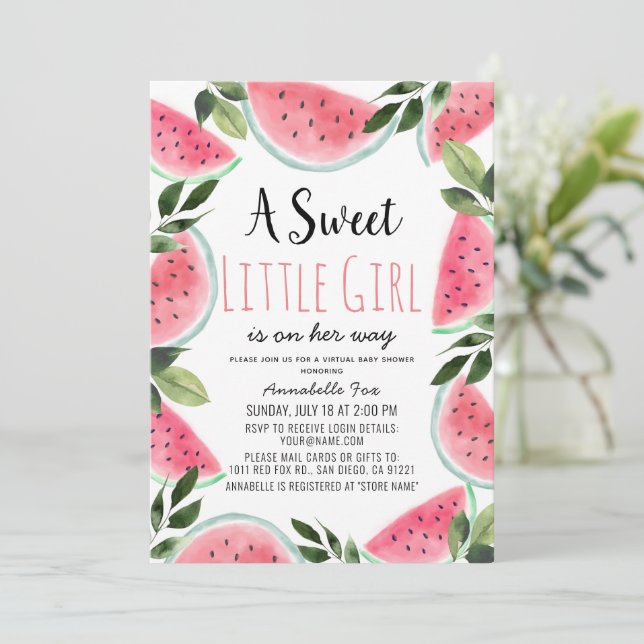 Sweet Watermelon Watercolor Virtual Baby Dusche Einladung (Stehend Vorderseite)