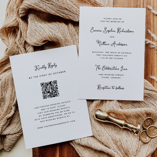 Sweet Whimsical Black and White | HochzeitQR-Code Einladung (A sweet and whimsical wedding invitation with a scannable QR code to RSVP)