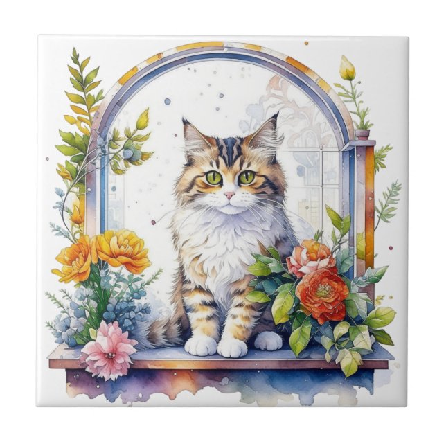 Sweet Whimsical Cat in Window of Blume Fliese (Vorderseite)