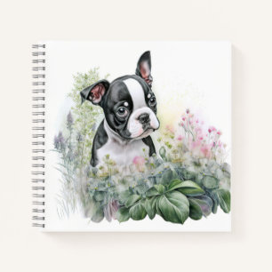 Sweet Whimsical Floral Boston Terrier Puppy Notizbuch
