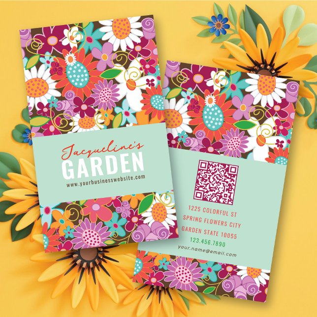 Sweet Whimsical Spring Blumen Farbiger Garten Visitenkarte (Sweet & Bright Whimsical Colorful Spring Flowers Garden Business / Profile Card @ fat_fa_tin)