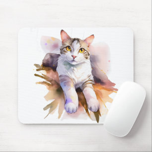 Sweet White Cat Watercolor Illustration Mousepad