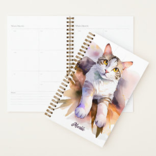 Sweet White Cat Watercolor Illustration Planer