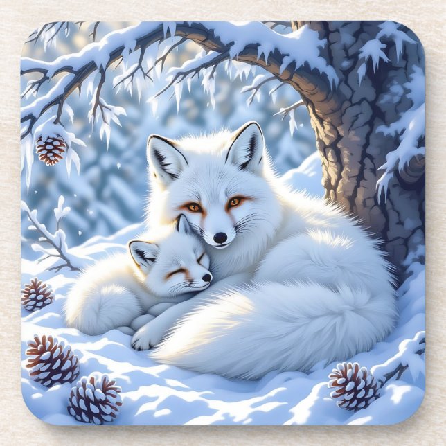 Sweet White Foxes in the Snow Getränkeuntersetzer (Vorderseite)