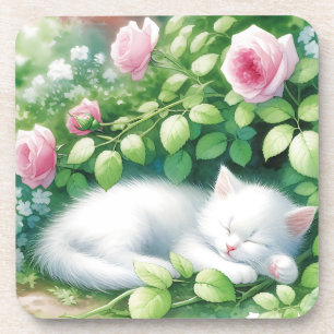 Sweet White Kitten Napping unter der Rose Bush Getränkeuntersetzer
