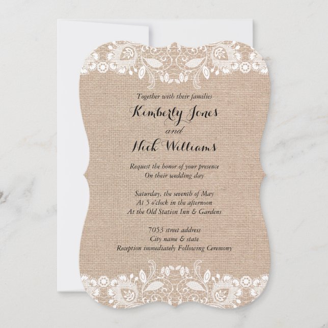 Sweet White Lace Burlap Wedding Einladung (Vorderseite)