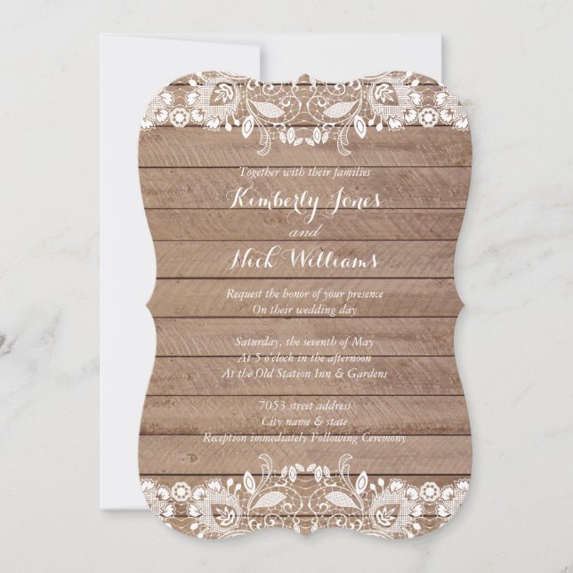 Sweet White Lace Wood Wedding Einladung (Vorderseite)