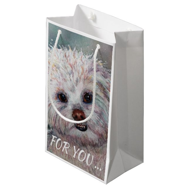 SWEET WHITE MALTESE YORKIE MIX KLEINE GESCHENKTÜTE (Vorderseite Schrägansicht)