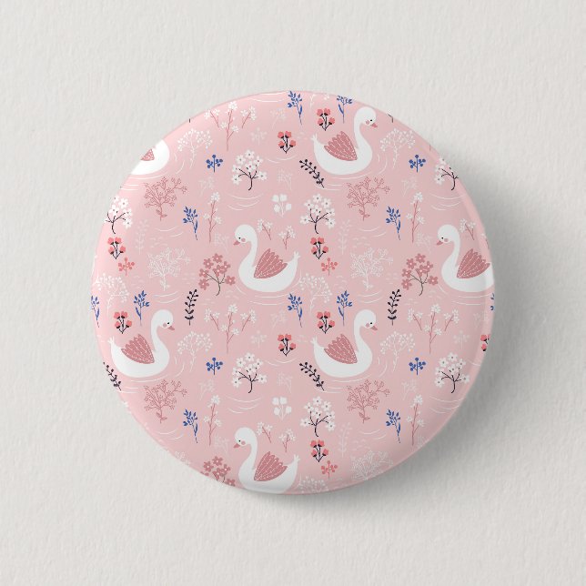 Sweet White Swans On Pastel Pink Floral Ballet Button (Vorderseite)