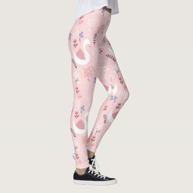Sweet White Swans On Pastel Pink Floral Ballet Leggings (Rechts)
