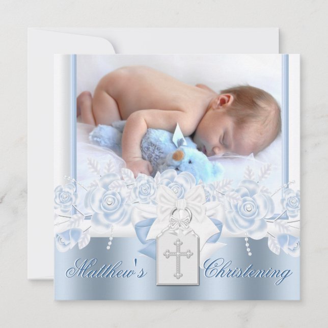 Sweet White und Baby Blue Christening Einladung (Vorderseite)