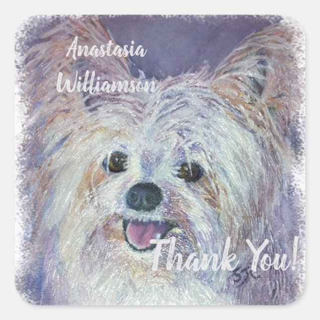 Sweet White Yorkie Danke Quadratischer Aufkleber (Vorderseite)