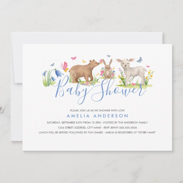 Sweet Woodland Animal Blue Baby Dusche Einladung (Vorderseite)