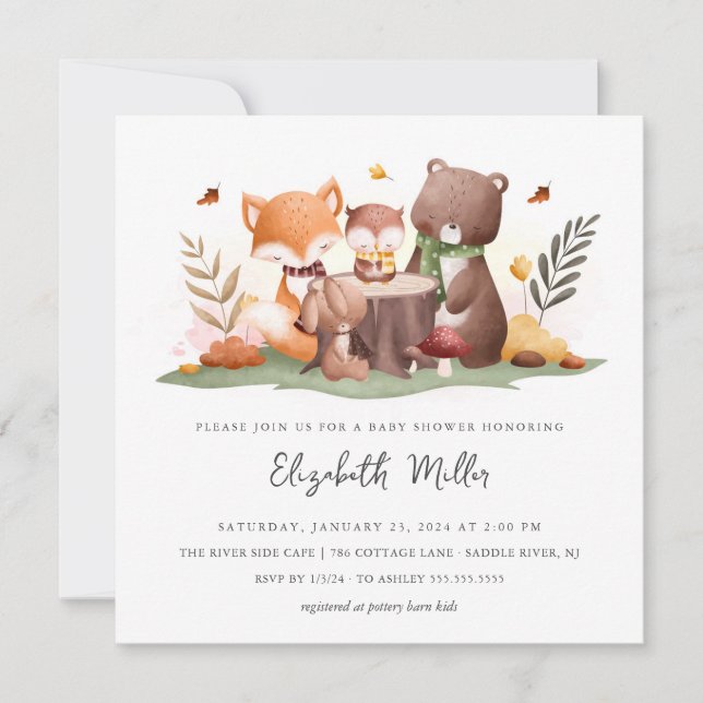 Sweet Woodland Animals Baby Dusche Einladung (Vorderseite)