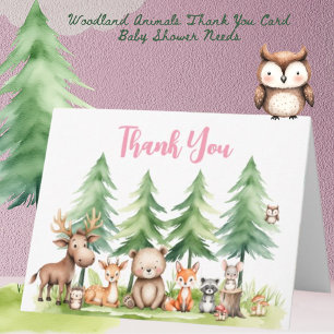 Sweet Woodland Animals Baby Dusche Rosa Dankeskarte