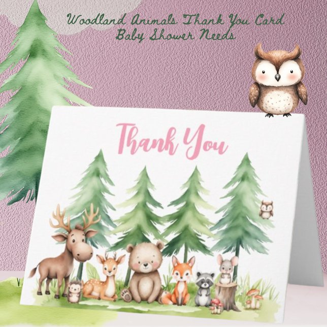 Sweet Woodland Animals Baby Dusche Rosa Dankeskarte (Von Creator hochgeladen)