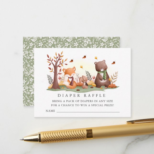 Sweet  Woodland Animals Diaper Raffle Ticket Begleitkarte (Vorderseite/Rückseite Beispiel)