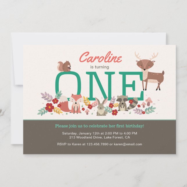Sweet Woodland Animals Erster Geburtstag Einladung (Vorderseite)
