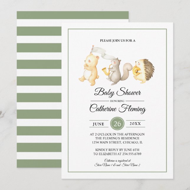 Sweet Woodland Animals Light Green Baby Dusche Einladung (Vorne/Hinten)