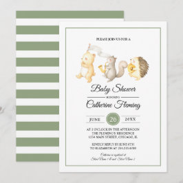 Sweet Woodland Animals Light Green Baby Dusche Einladung