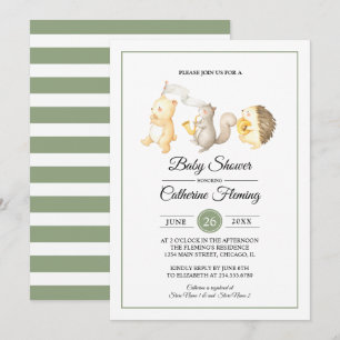 Sweet Woodland Animals Light Green Baby Dusche Einladung
