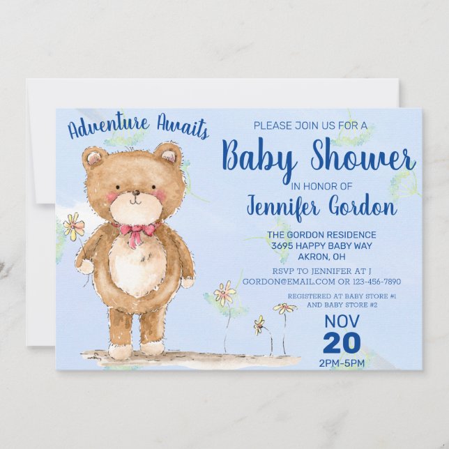 Sweet Woodland Bear Blue Boy Baby Dusche Einladung (Vorderseite)